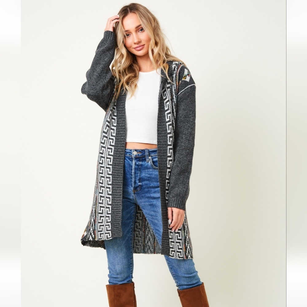 New! Cozy Charcoal Gray Aztec Boho Knit Cardigan Sweater - Picture 9 of 10